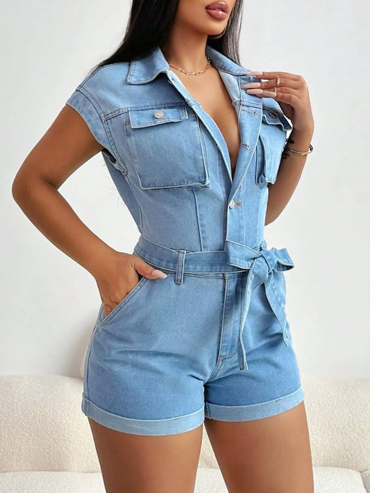 Tie Waist Cap Sleeve Denim Romper