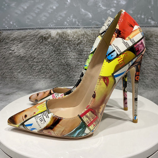 Picture Print Pointy Toe High Heels