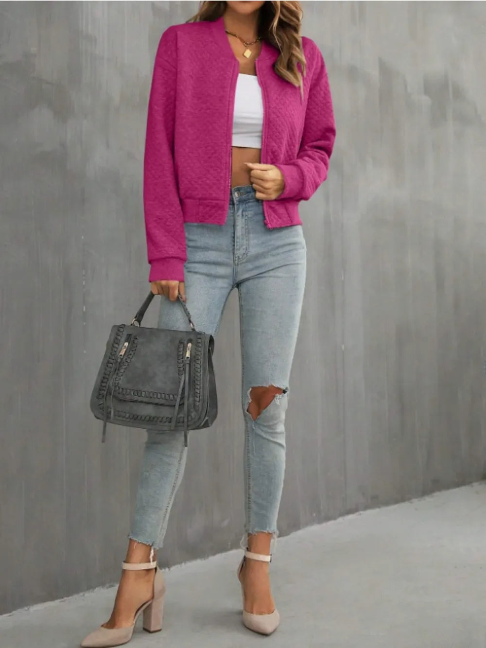 Zip Up Long Sleeve Bomber Jacket