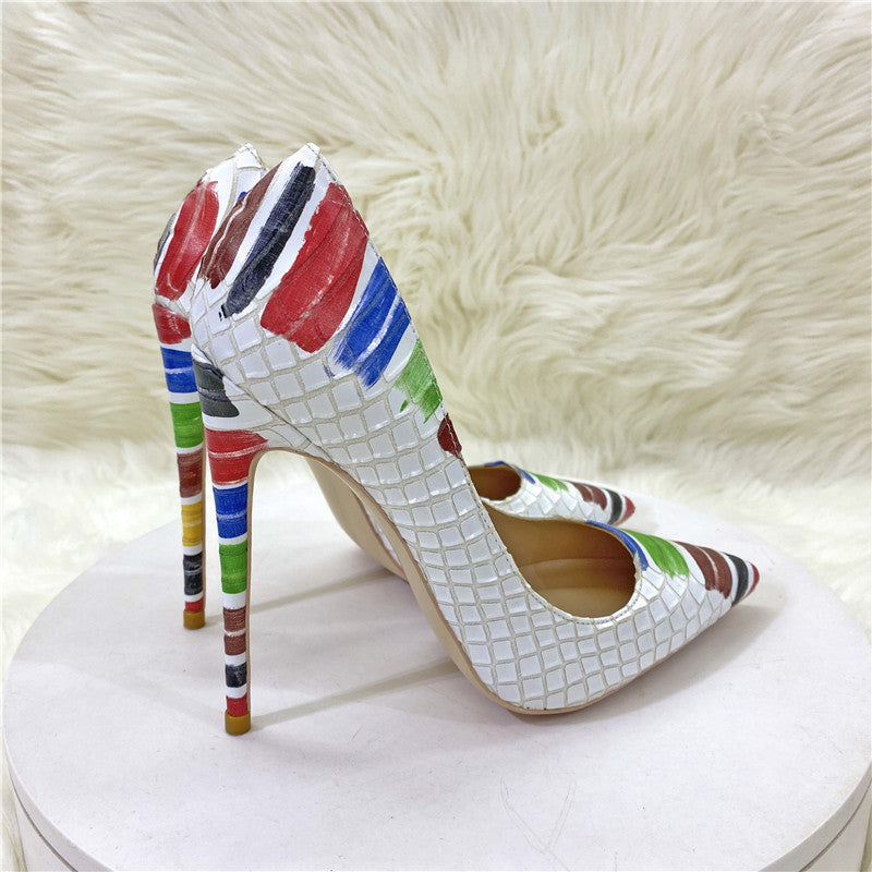 White Snakeskin Graffiti Pointed Toe Stiletto High Heels