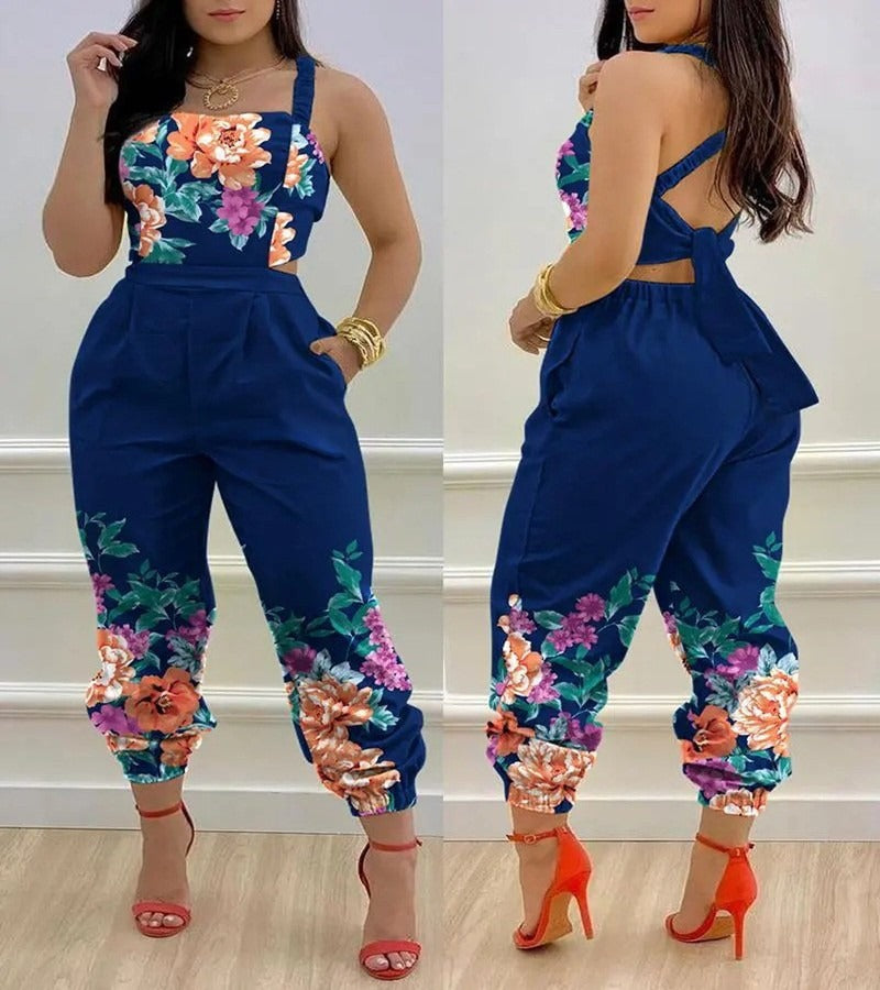 Open Back Cross Lace Up Bow Print Jumpsuit