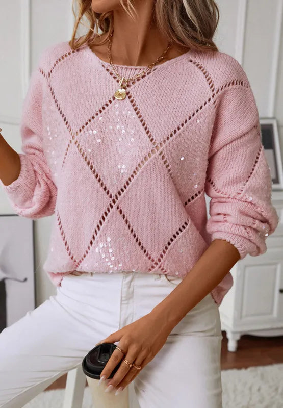 Diamond Grid Sequin Knitted Sweater