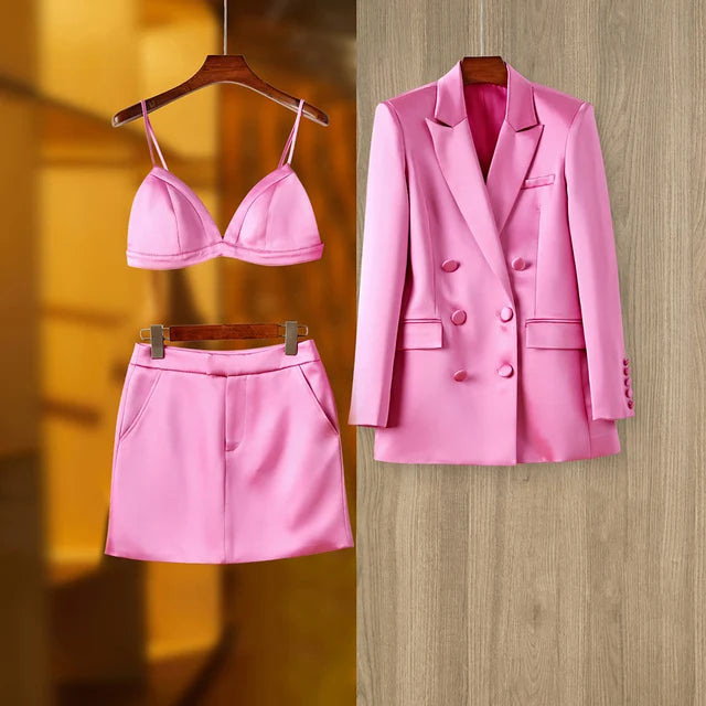 Pink Satin 3PCS Blazer Mini Skirt Set