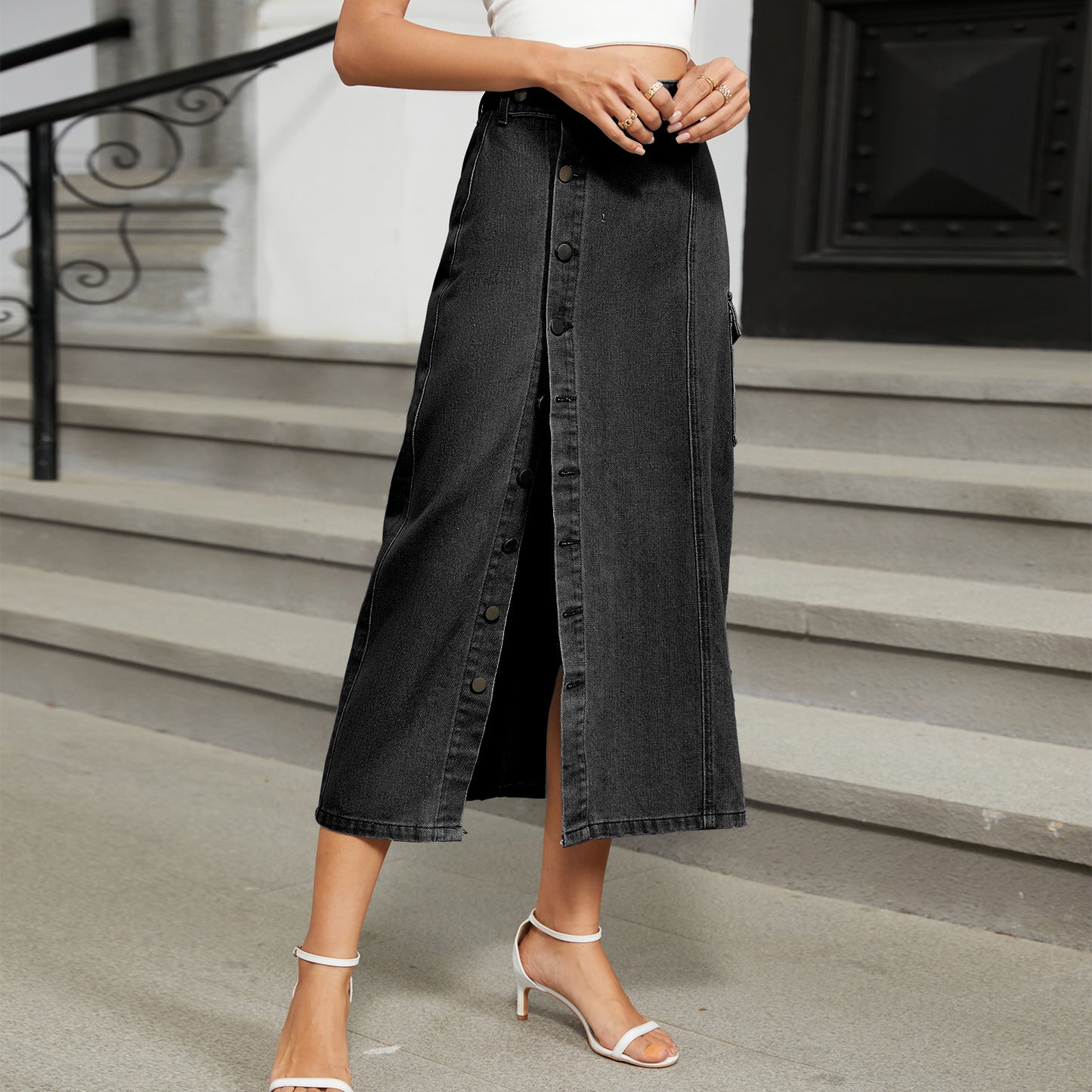 Semi Elastic Denim Casual Skirt