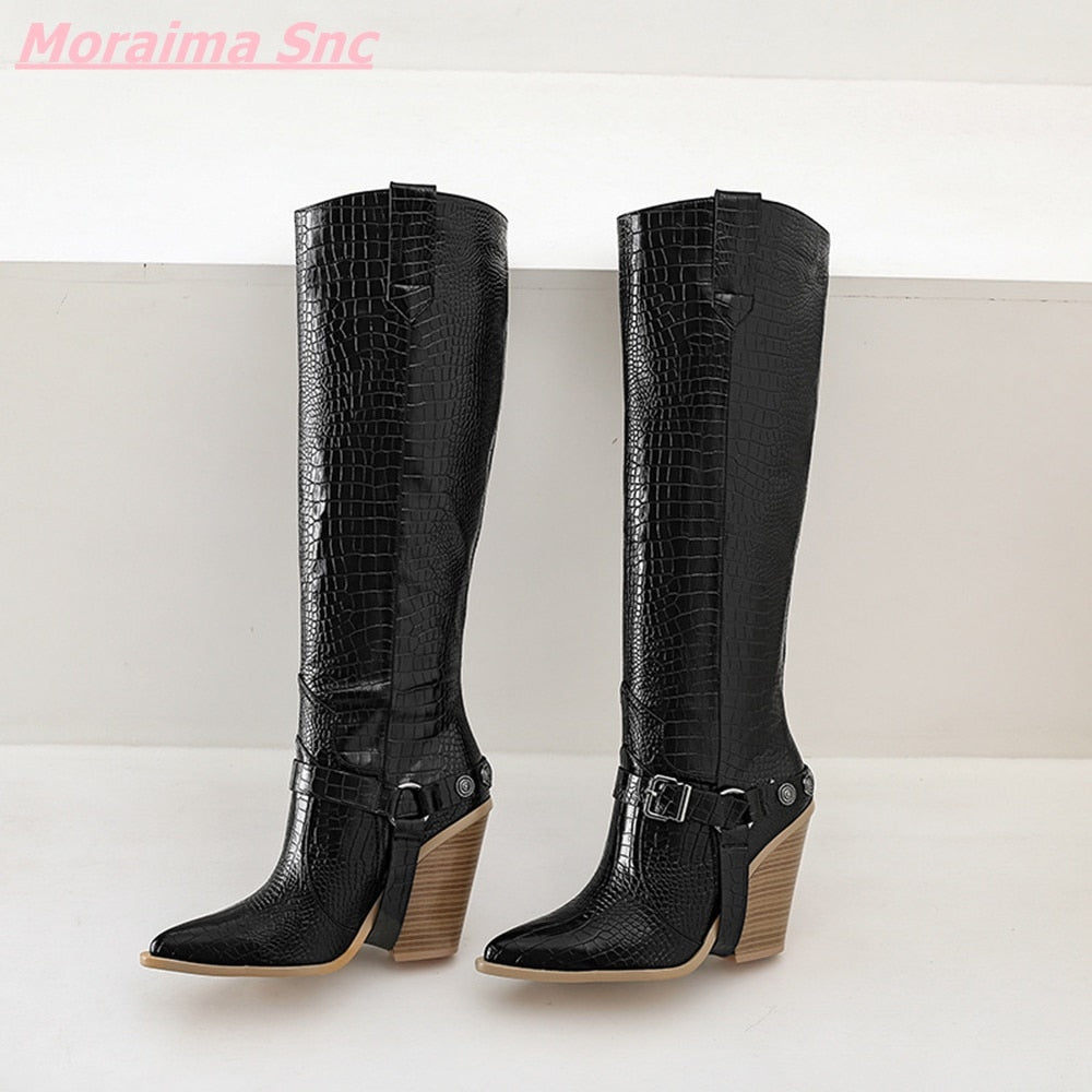 Snakeskin Pattern Knee-High Pointed Toe Wedges