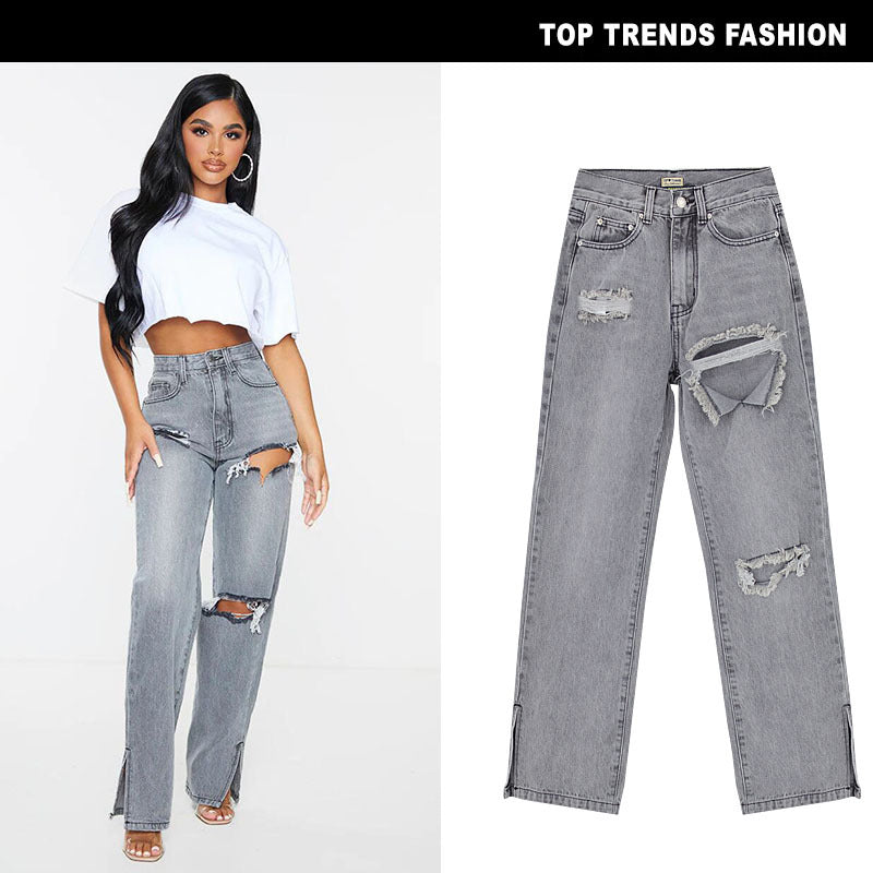 Distressed High Waist Straight Leg Jeans
