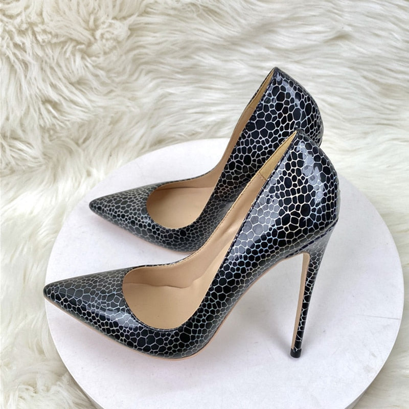Tikicup Black Geometry Pattern Print Pointy Toe High Heel