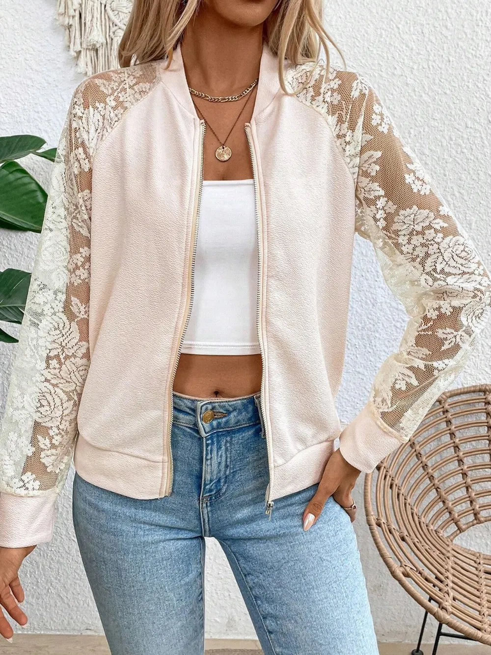Lace Sleeve Baseball Collar Zip Up Jacket