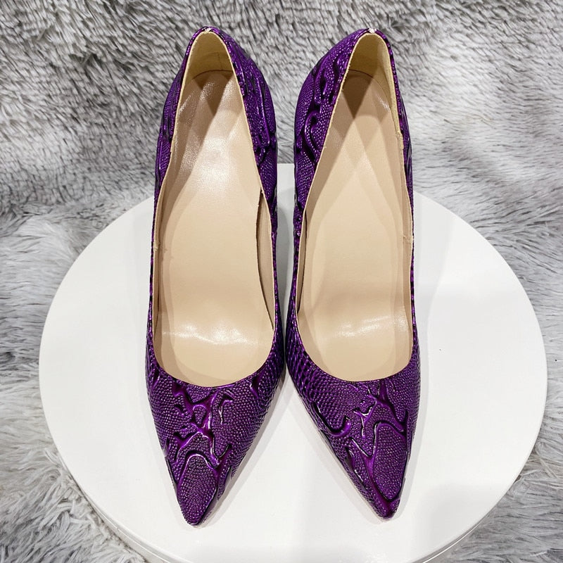 Tikicup Purple Embossed Crocodile Pointy Toe High Heels