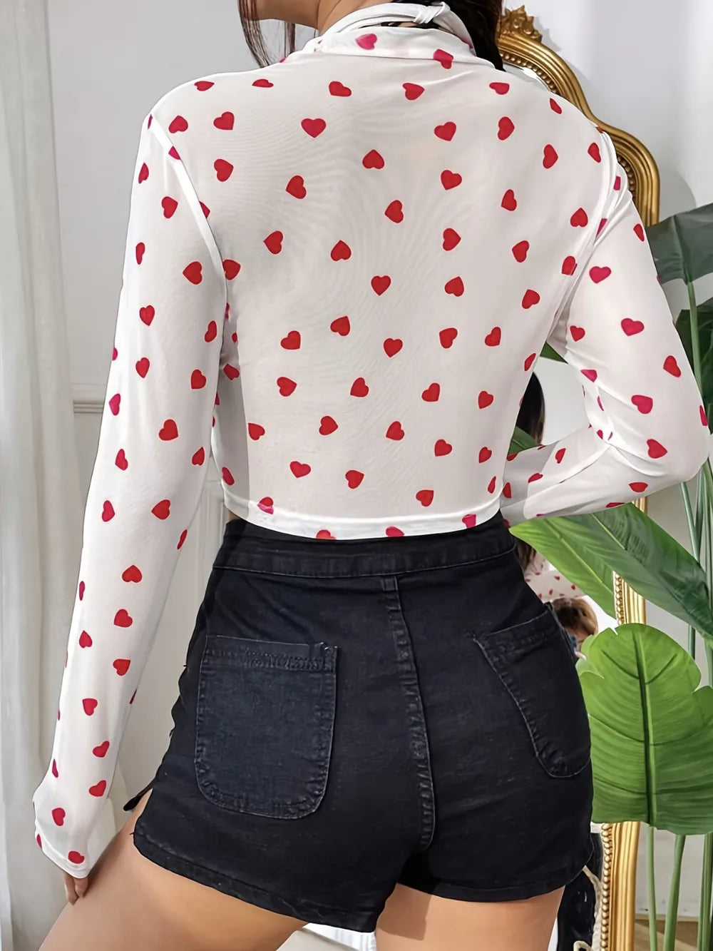 Heart Round Neck Long Sleeve Sheer Blouse