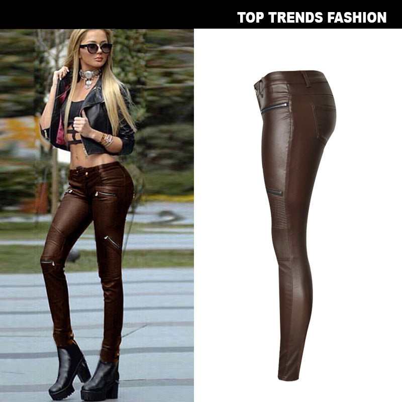 Faux Leather Stitching Multi-Zip Pants - Coffee