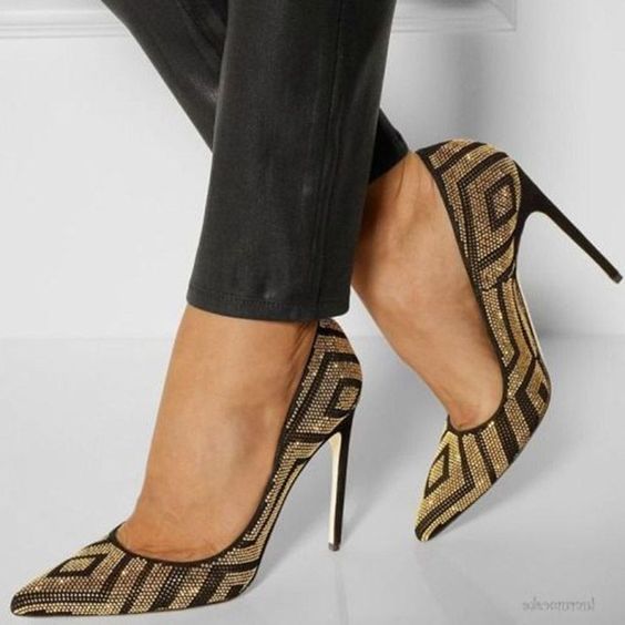 Gold Black Sequin Pointed Toe High Heels