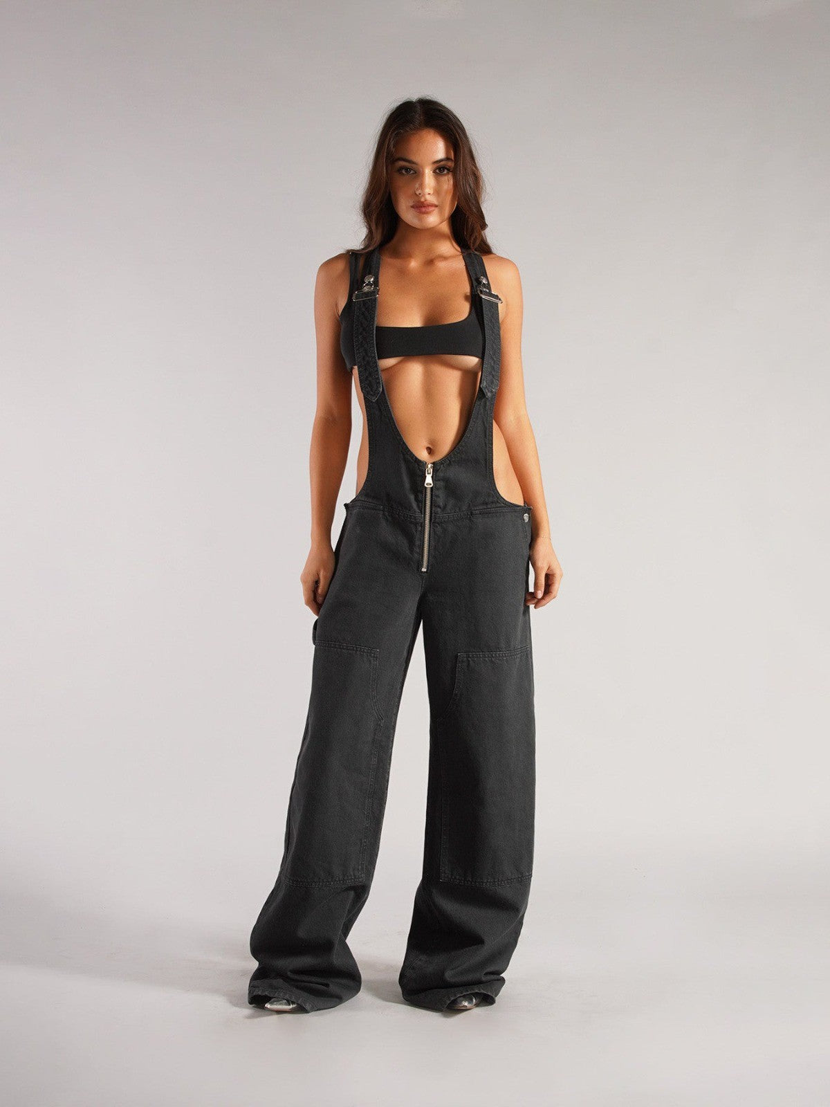 Zipper Front Denim Overalls