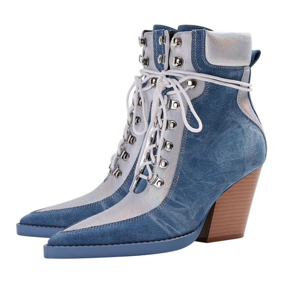 Denim Lace Up Chelsea Pointed Toe Thick High Heels