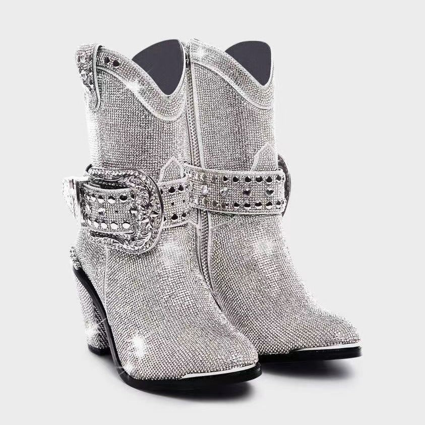 Rhinestone Buckle Thick Heel Boots