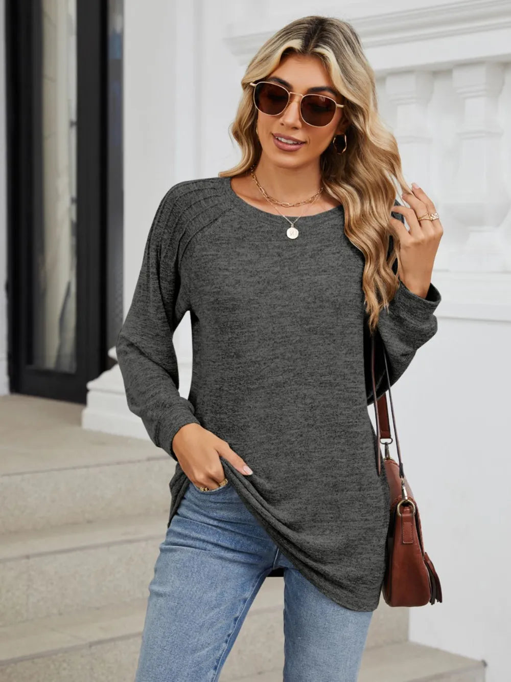 Round Neck Loose Drawstring Sweater
