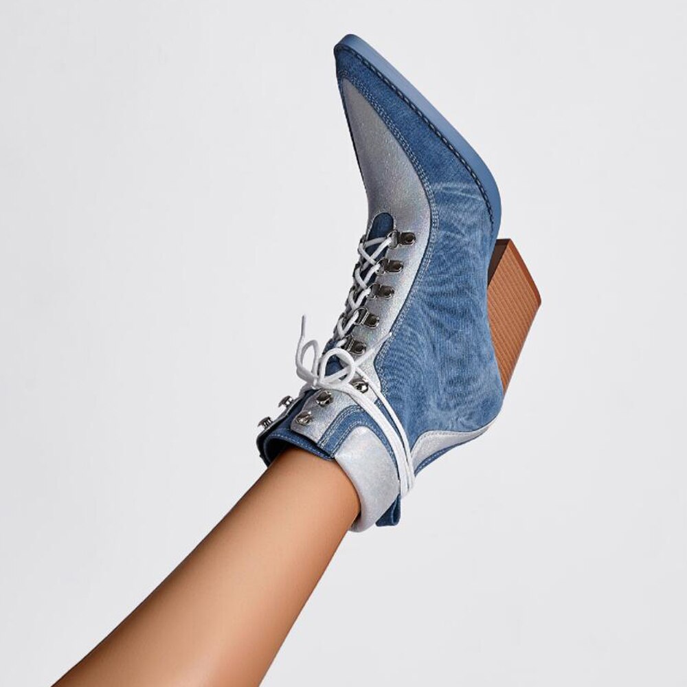 Denim Lace Up Chelsea Pointed Toe Thick High Heels