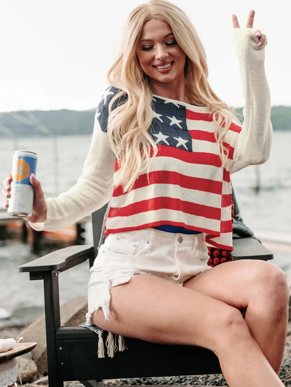 US Flag Boat Neck Long Sleeve Knit Blouse