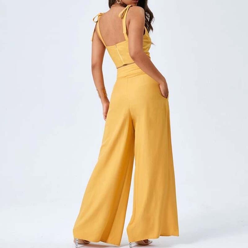 Open Back Suspender Top Wide Leg Casual Pants Two Piece Set