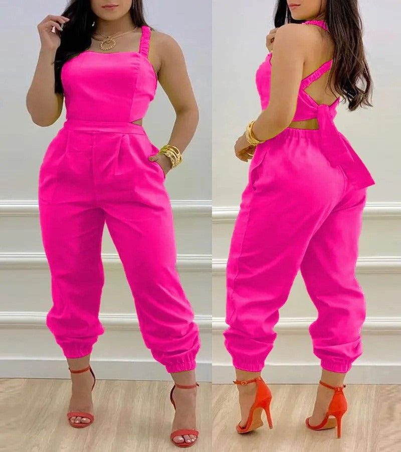 Open Back Cross Lace Up Bow Print Jumpsuit