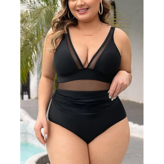 One-piece Mesh Splicing Swimsuit - Plus Size
