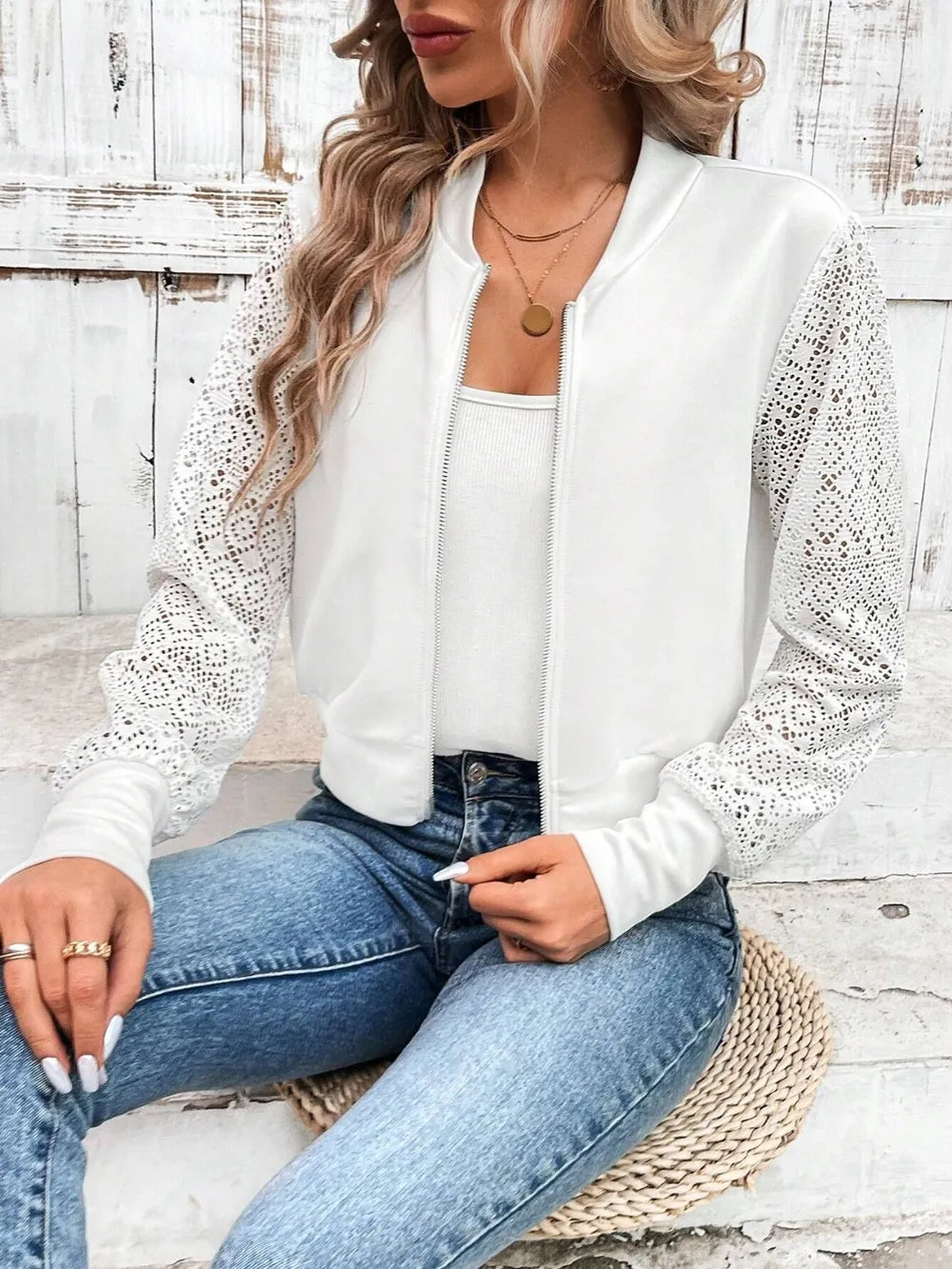 Baseball Collar Lace Patchwork Jacket