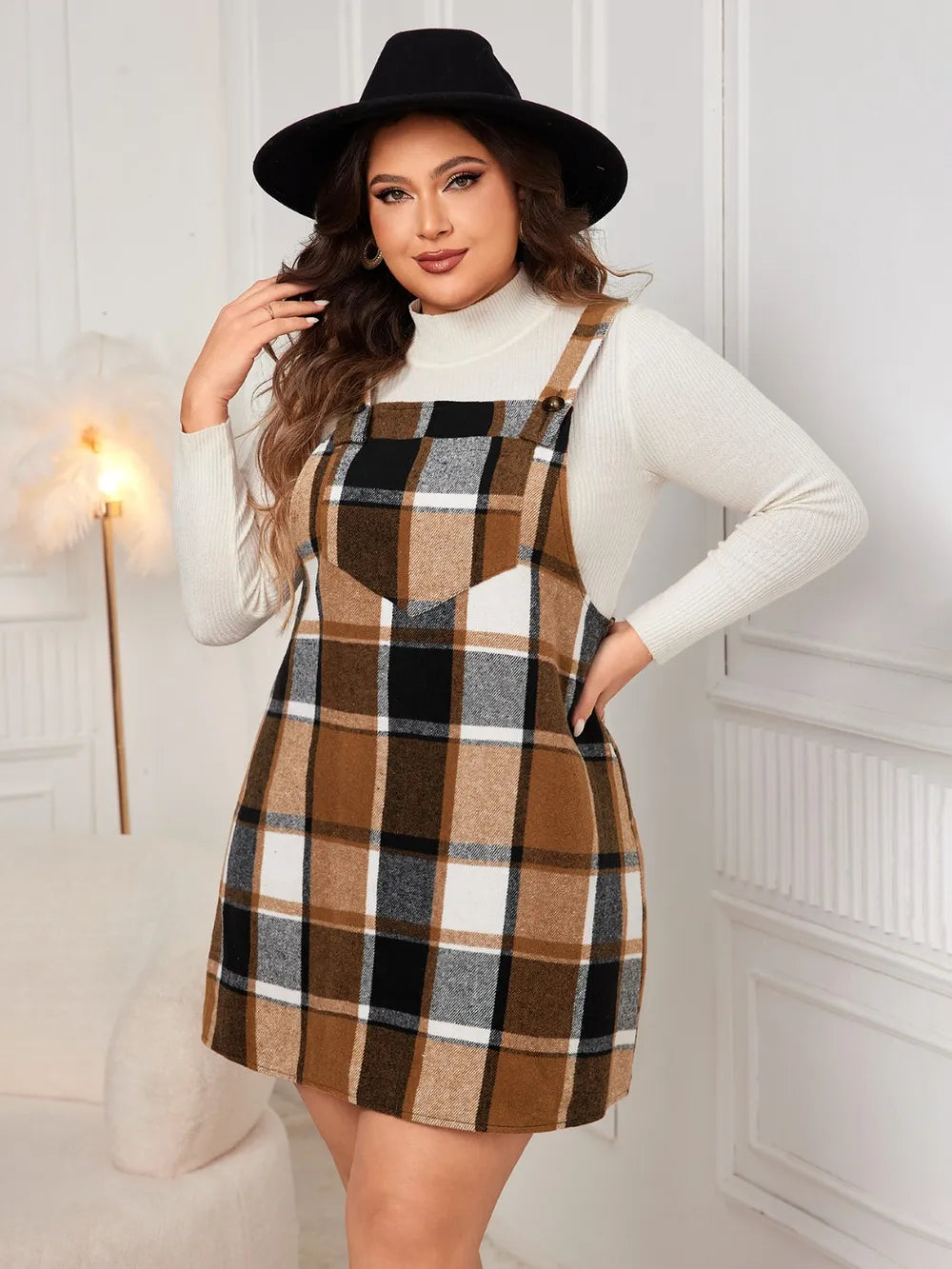 Plaid Wide Strap Overall Dress - Plus Size