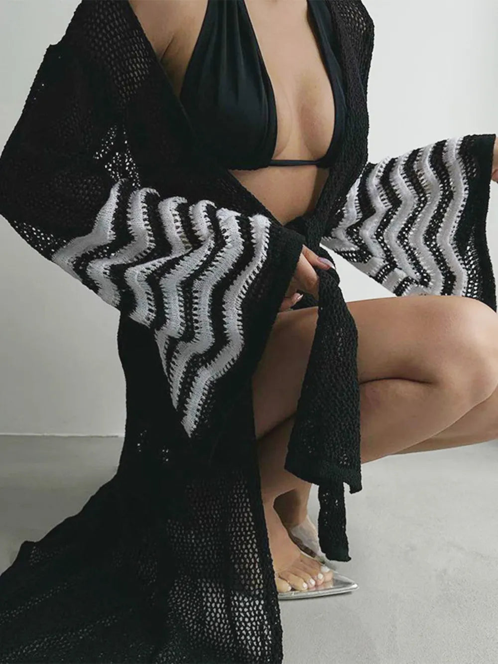 Striped Sleeve Knitted Bikini Cover Up