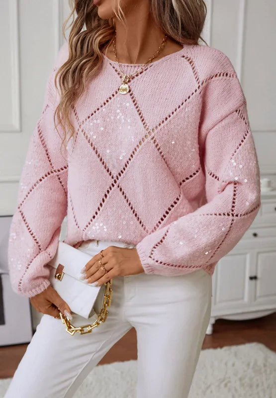 Diamond Grid Sequin Knitted Sweater