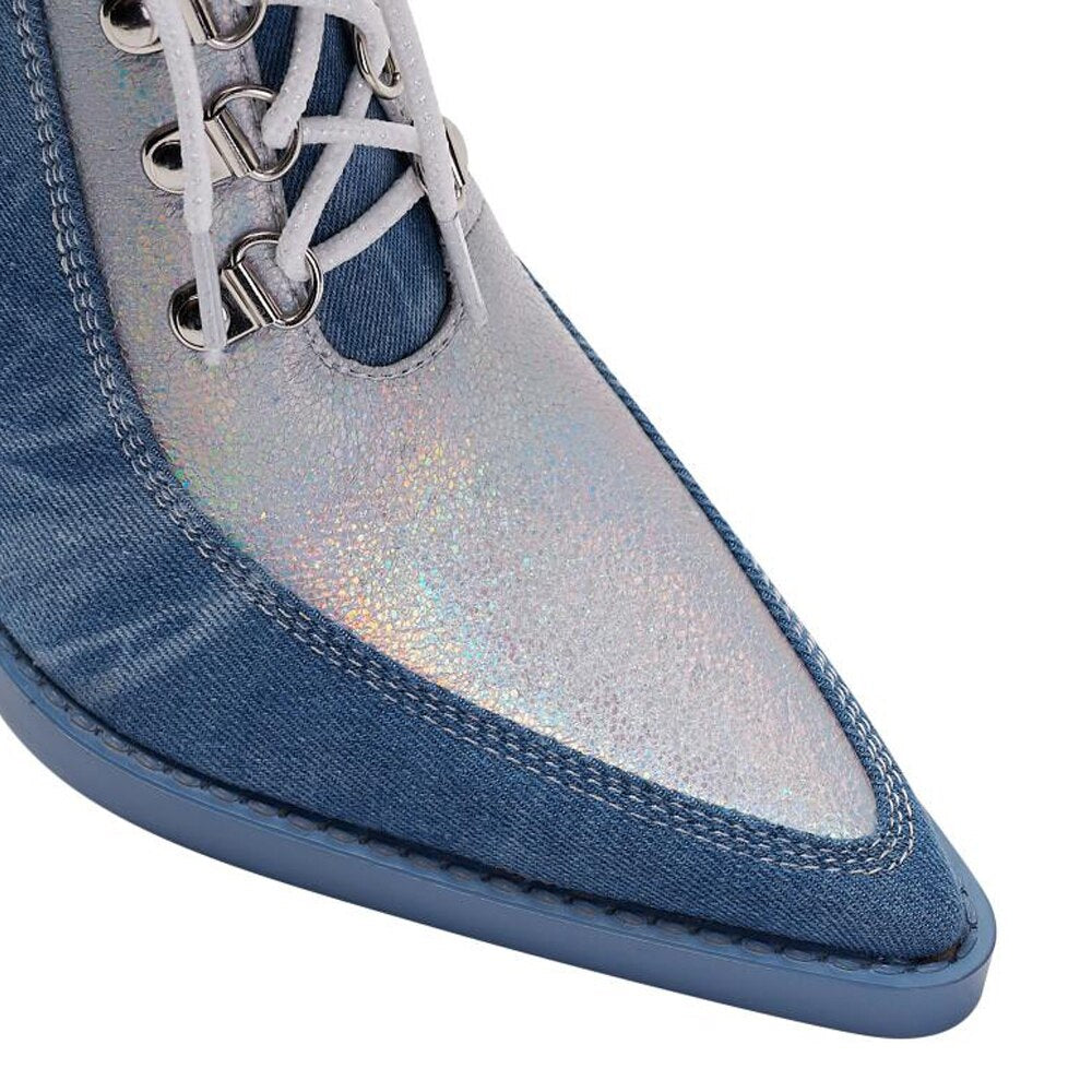 Denim Lace Up Chelsea Pointed Toe Thick High Heels