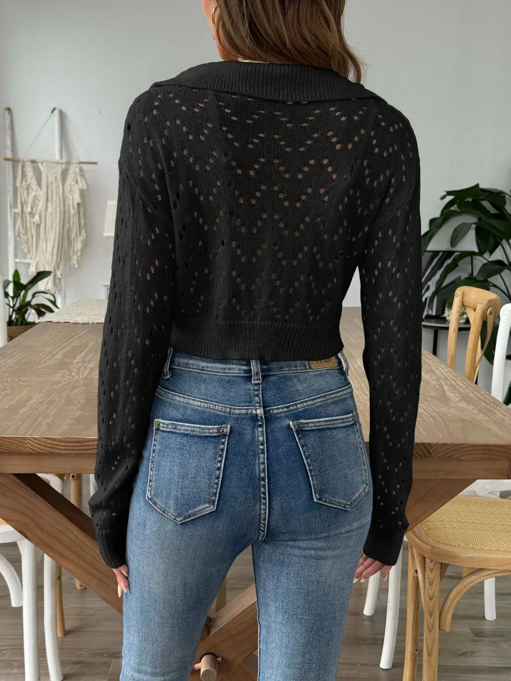 Polo Collar Hollowed Crop Top Sweater