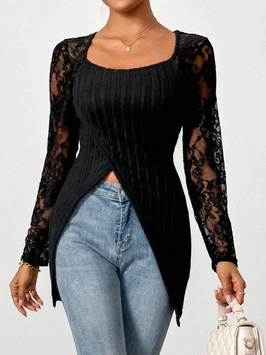 Square Neck Lace Patchwork Long Sleeve Shirt