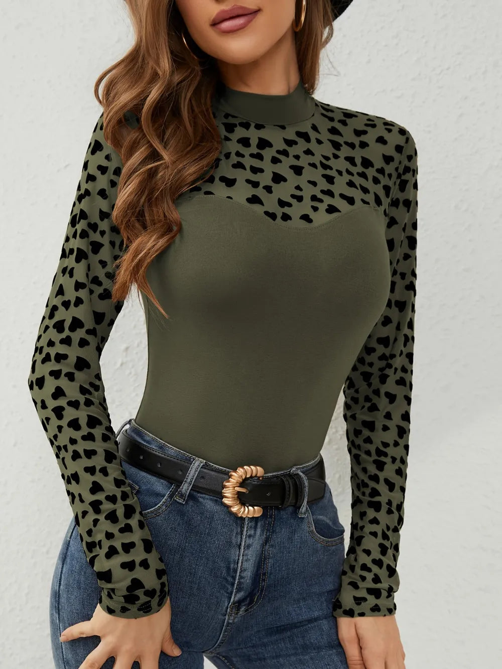 Heart Mock Neck Long Sleeve Blouse