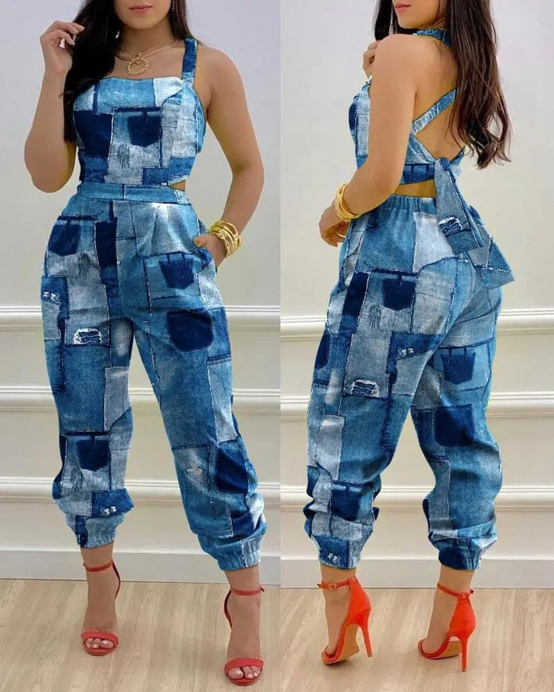 Open Back Cross Lace Up Bow Print Jumpsuit