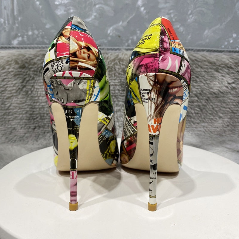 Picture Print Pointy Toe High Heels