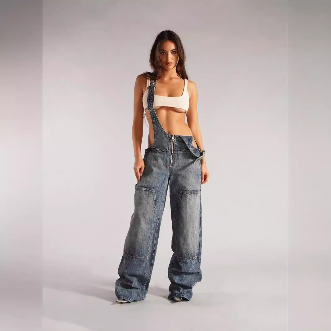 Zipper Front Denim Overalls