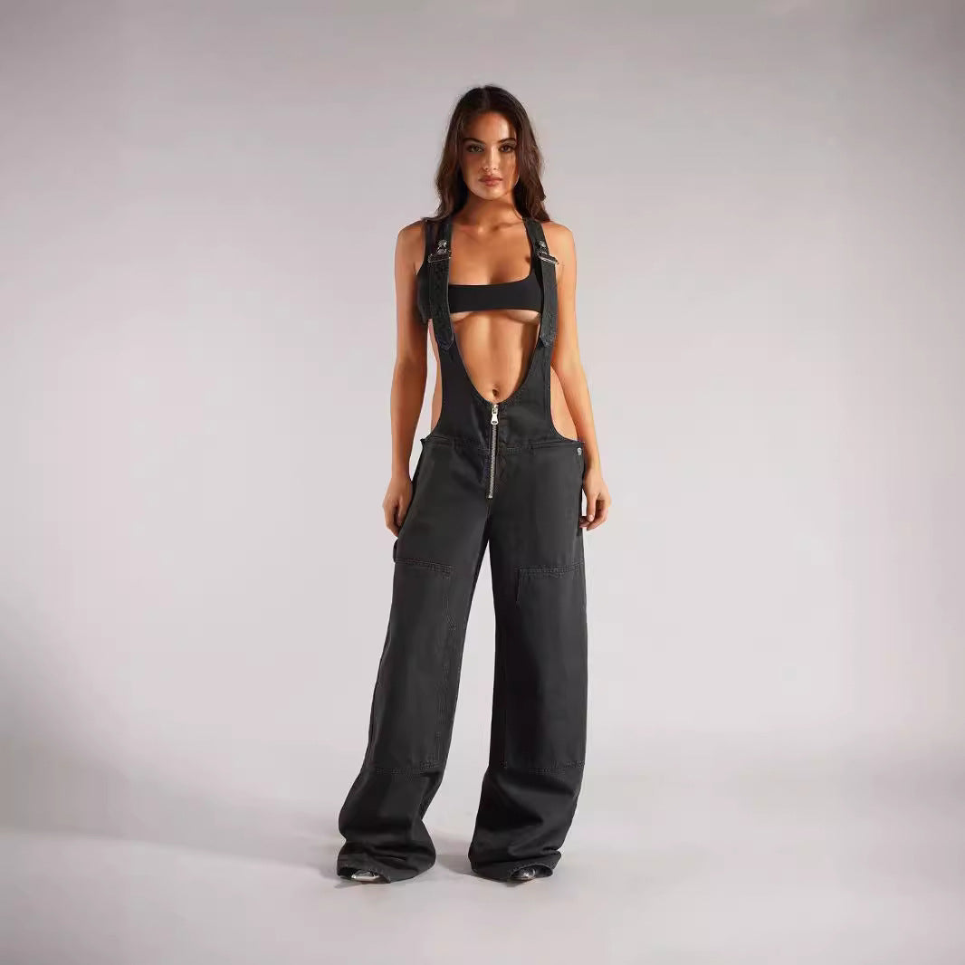 Zipper Front Denim Overalls