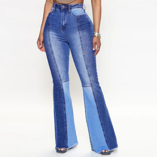 High Waist Boot Cut Color Stitching Denim Flared Jeans