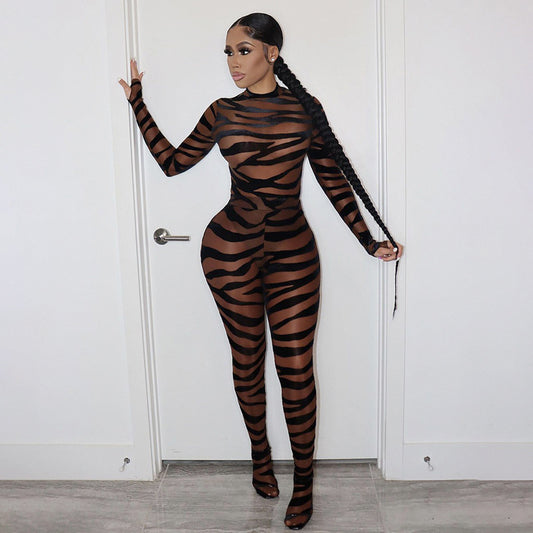 Striped Printed Mesh Transparent Jumpsuit
