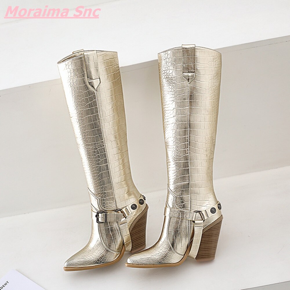 Snakeskin Pattern Knee-High Pointed Toe Wedges