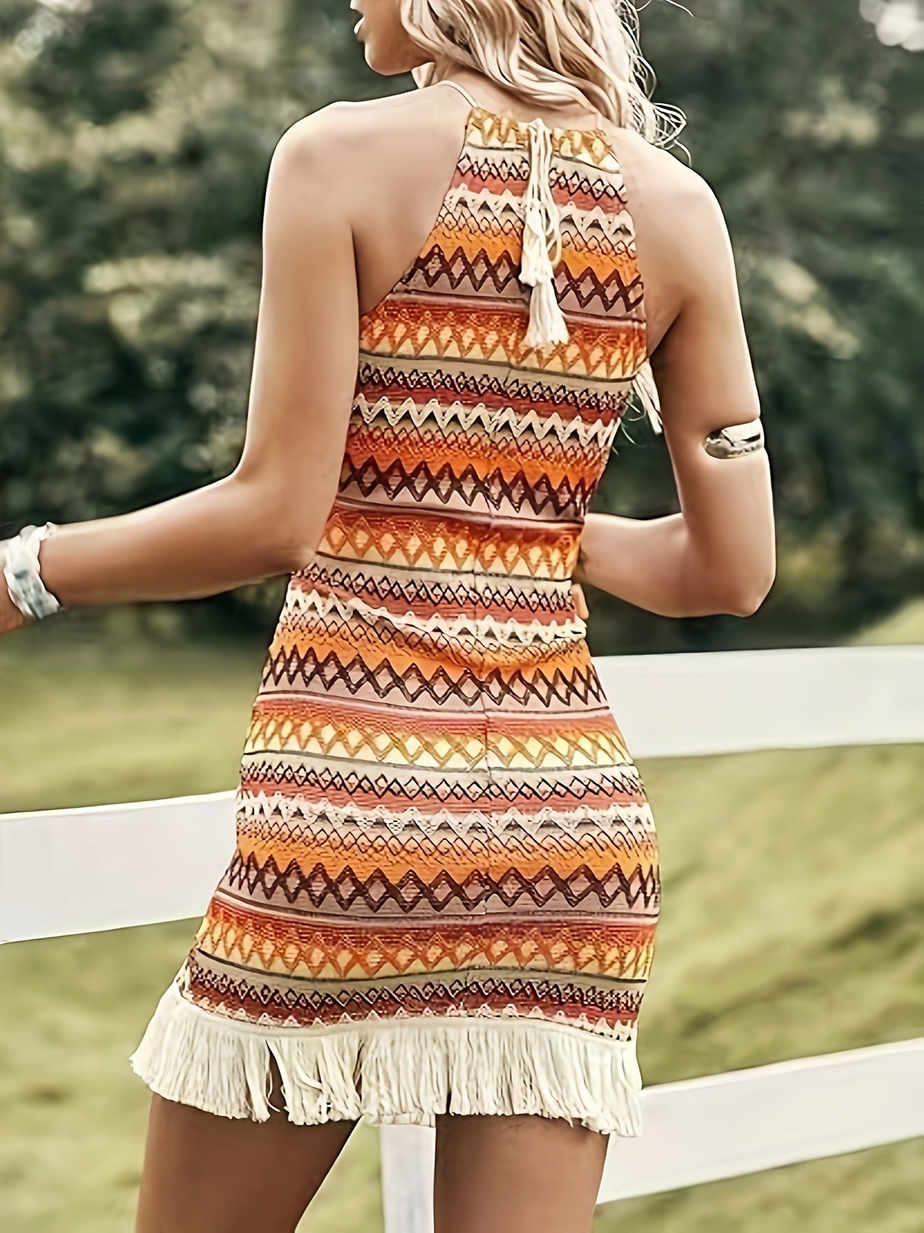 Fringe Grecian Neck Dress