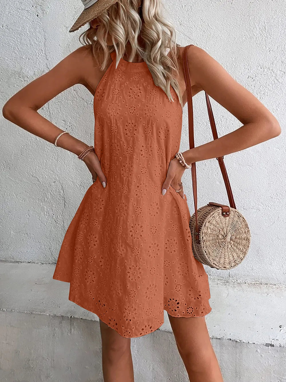 Eyelet Grecian Neck Halter Dress