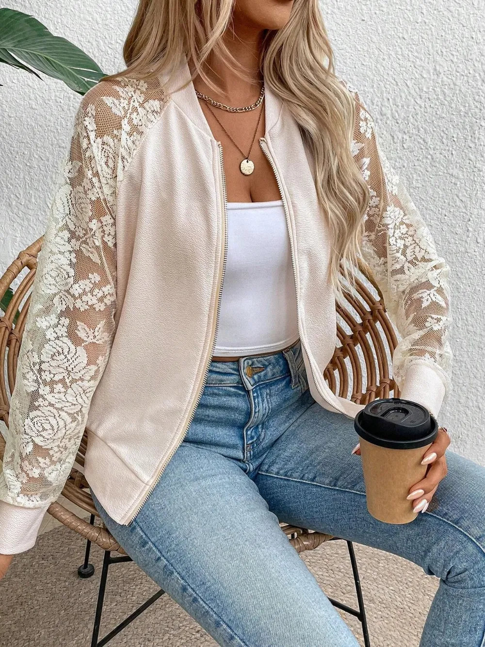 Lace Sleeve Baseball Collar Zip Up Jacket