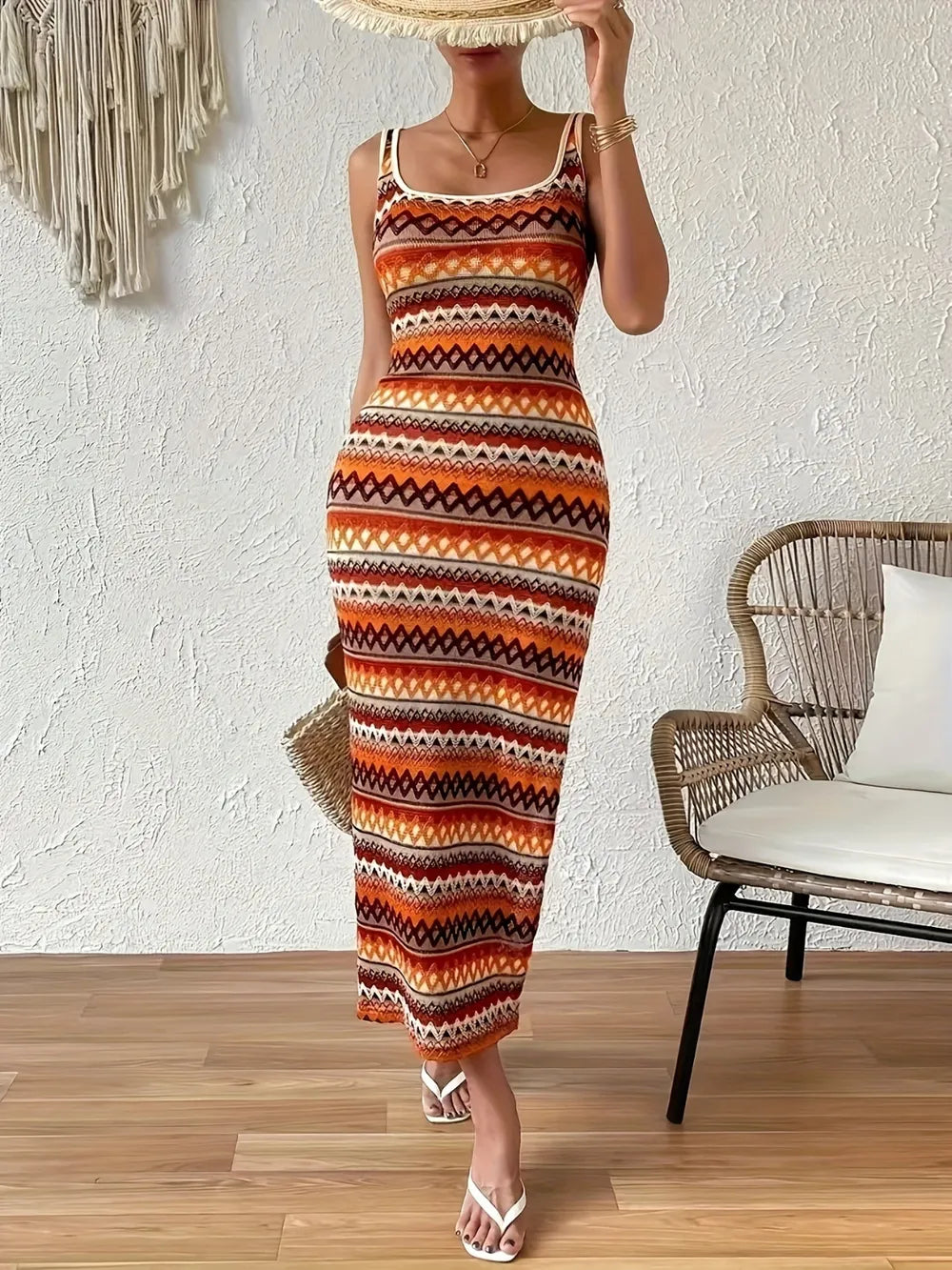 Slit Square Neck Wide Strap Midi Dress