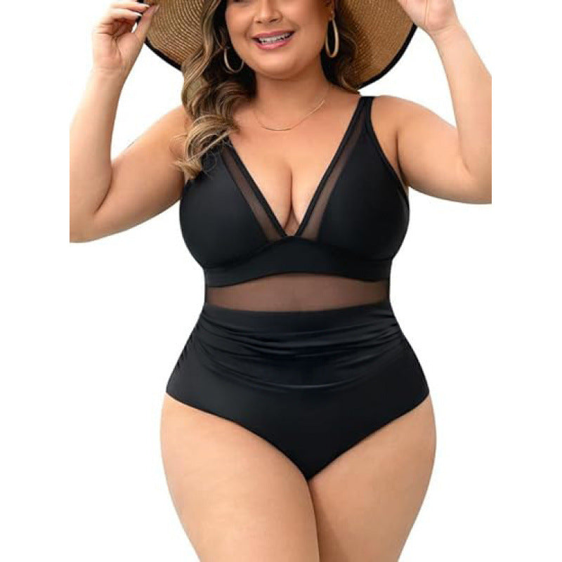 One-piece Mesh Splicing Swimsuit - Plus Size