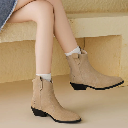 Suede Thick Heel Ankle Cowboy Boots