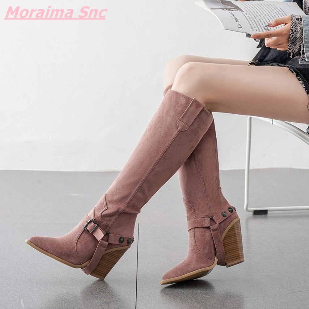 Snakeskin Pattern Knee-High Pointed Toe Wedges