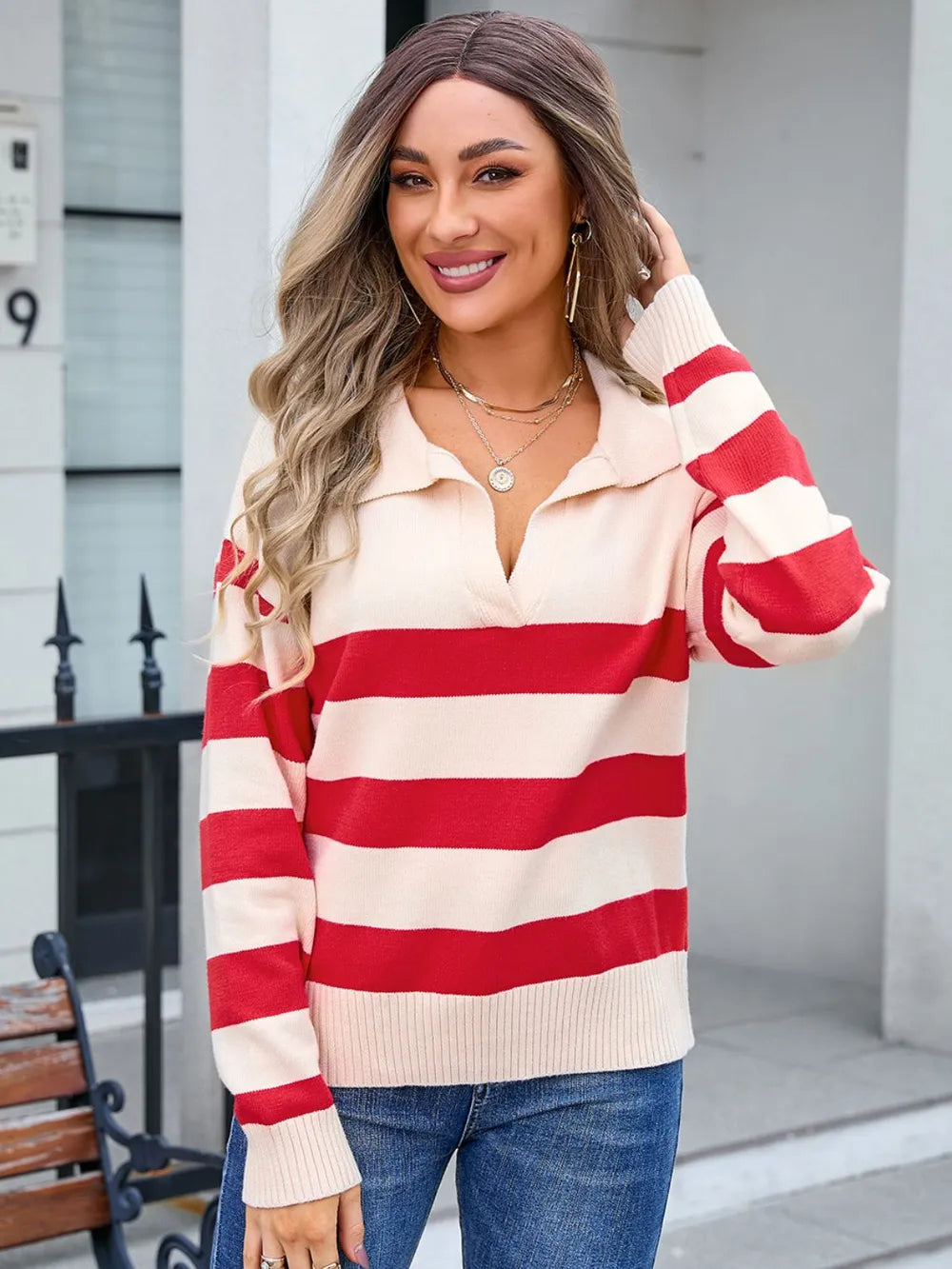 Angel Wings Striped Johnny Collar Sweater