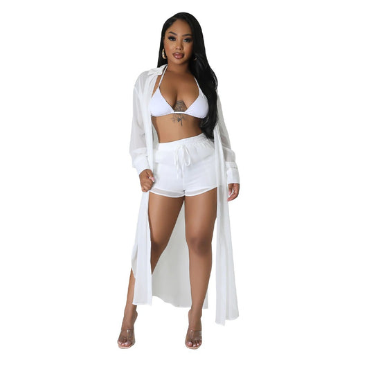 Chiffon Long Shirt Shorts Two Piece Set