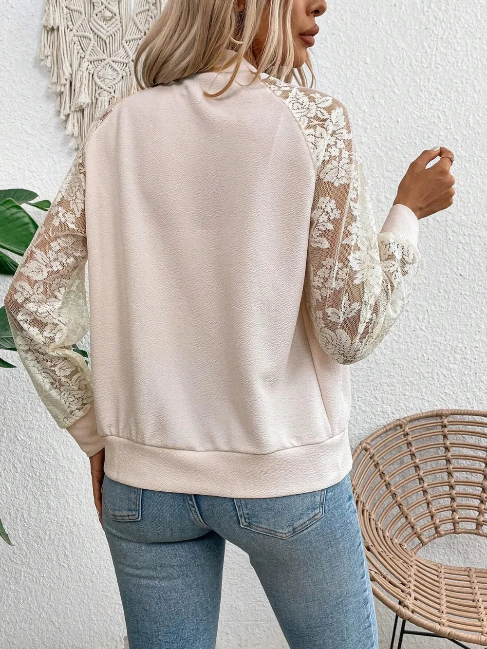 Lace Sleeve Baseball Collar Zip Up Jacket